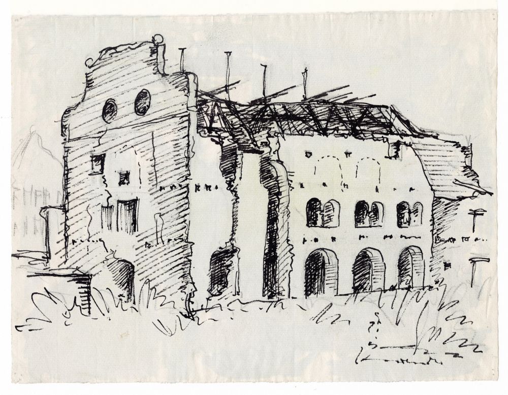 Titelbild: Neuss, St. Sebastianus nach der Zerstörung im Zweiten Weltkrieg, Zeichnung von Otto Saarbourg, 1949